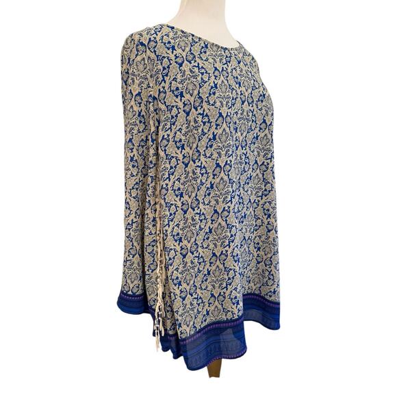 Umgee Blue Boho Shift Dress Open Fringe Sleeves Lined Paisley Print L Fall Boho - Picture 7 of 11